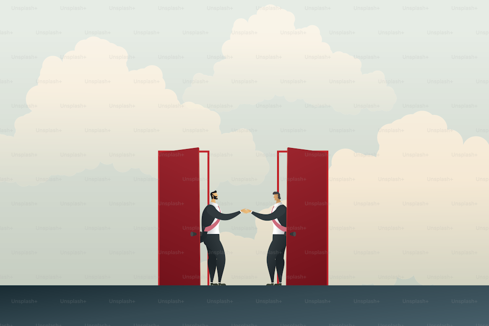 Business people shake hands through two red doors Agreed to do business together. Illustration Vector