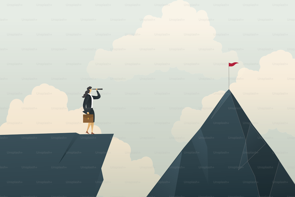 Empresária olhando através de um binóculos para a maneira de objetivo na montanha em que vai escalar o desafio do conceito de negócios. Vetor de ilustração