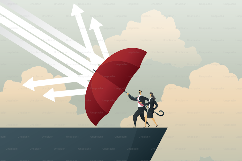 傘の赤い保護矢印を持つビジネスマンとビジネスウーマンは、崖に降る雨。経済危機または市場の暴落の不況。イラストベクター画像