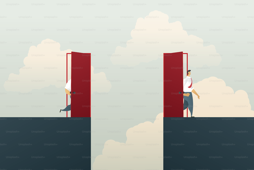 Business opportunities for businessman step through the red door to other side cliff gaps to business challenges of  success, motivation, ambition. Illustration vector
