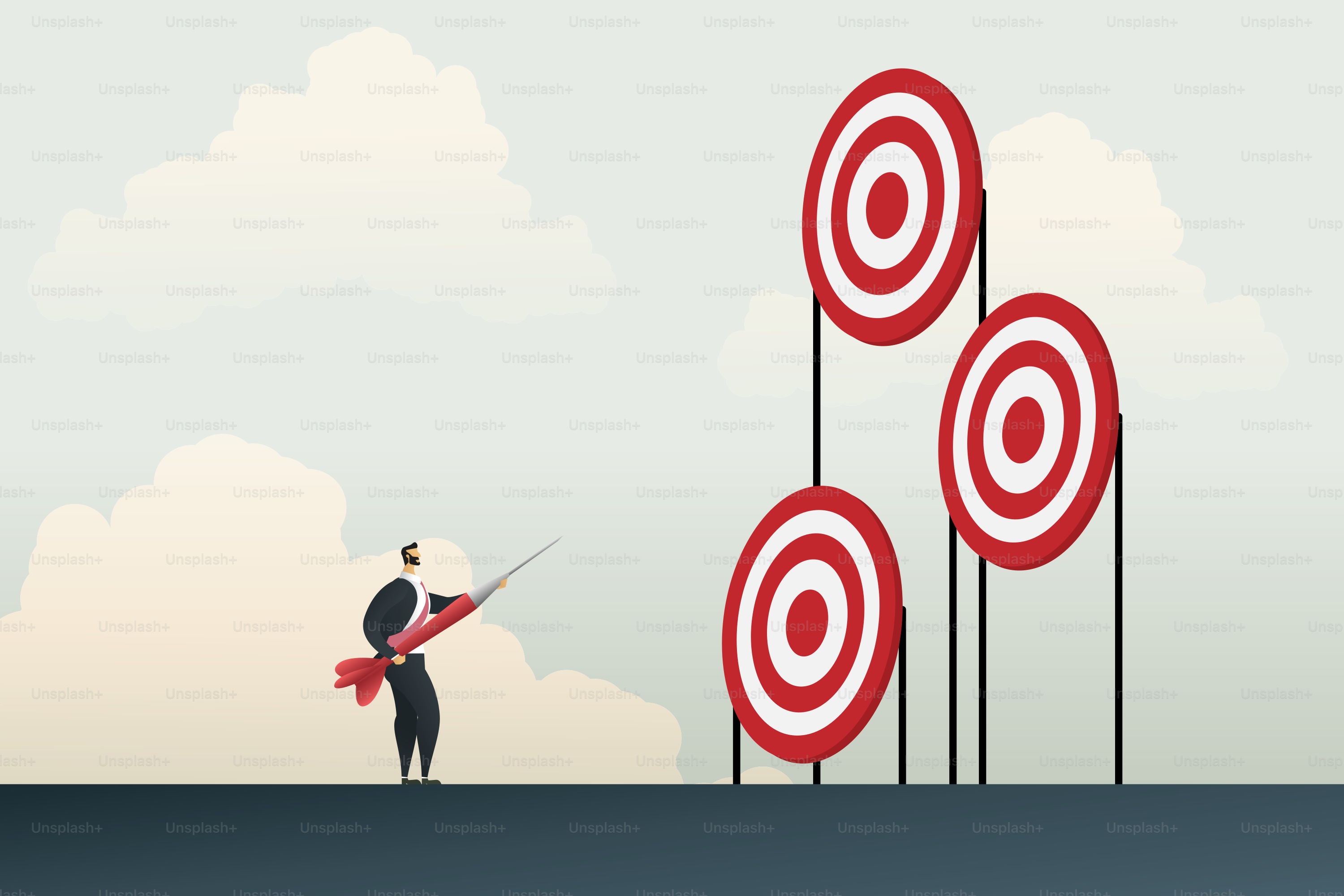 Empresario con dardos en la mano eligiendo objetivos que buscan éxito, objetivos, misión, oportunidad y desafío. Objetivo y concepto estratégico. Vector de ilustración.
