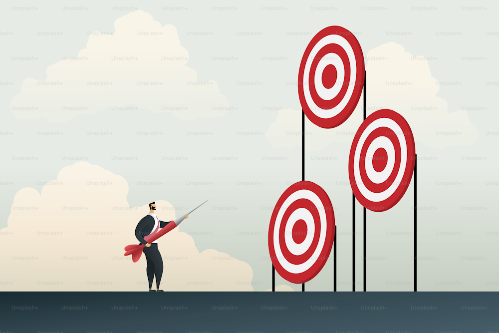 Businessman holding darts in hand choosing goals that want success aims mission opportunity and challenge. Objective and strategy concept.Illustration vector.
