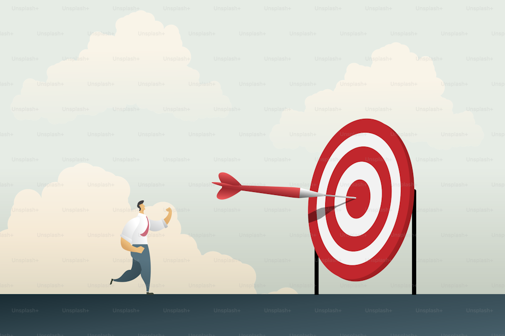 Success from doing business according to goals businessman raising his hand happy to victory achieve target. Illustration vector.