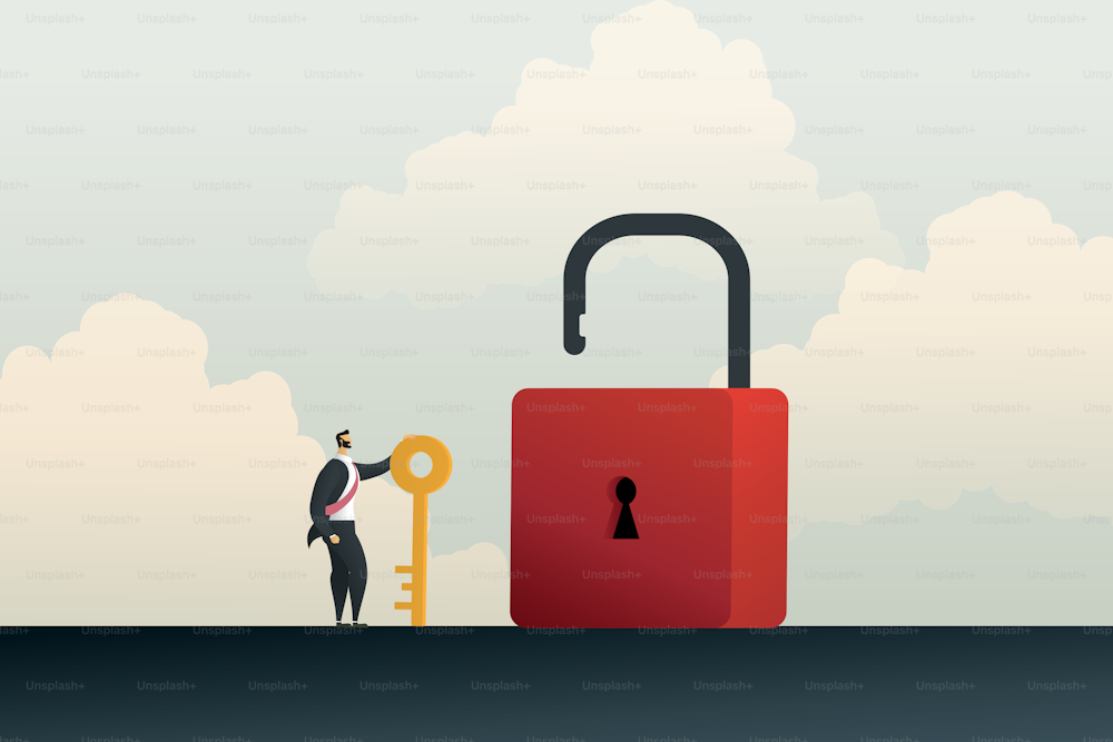 Business solution methods to unlock problems. Businessman achievement with key and to open padlock. Illustration vector