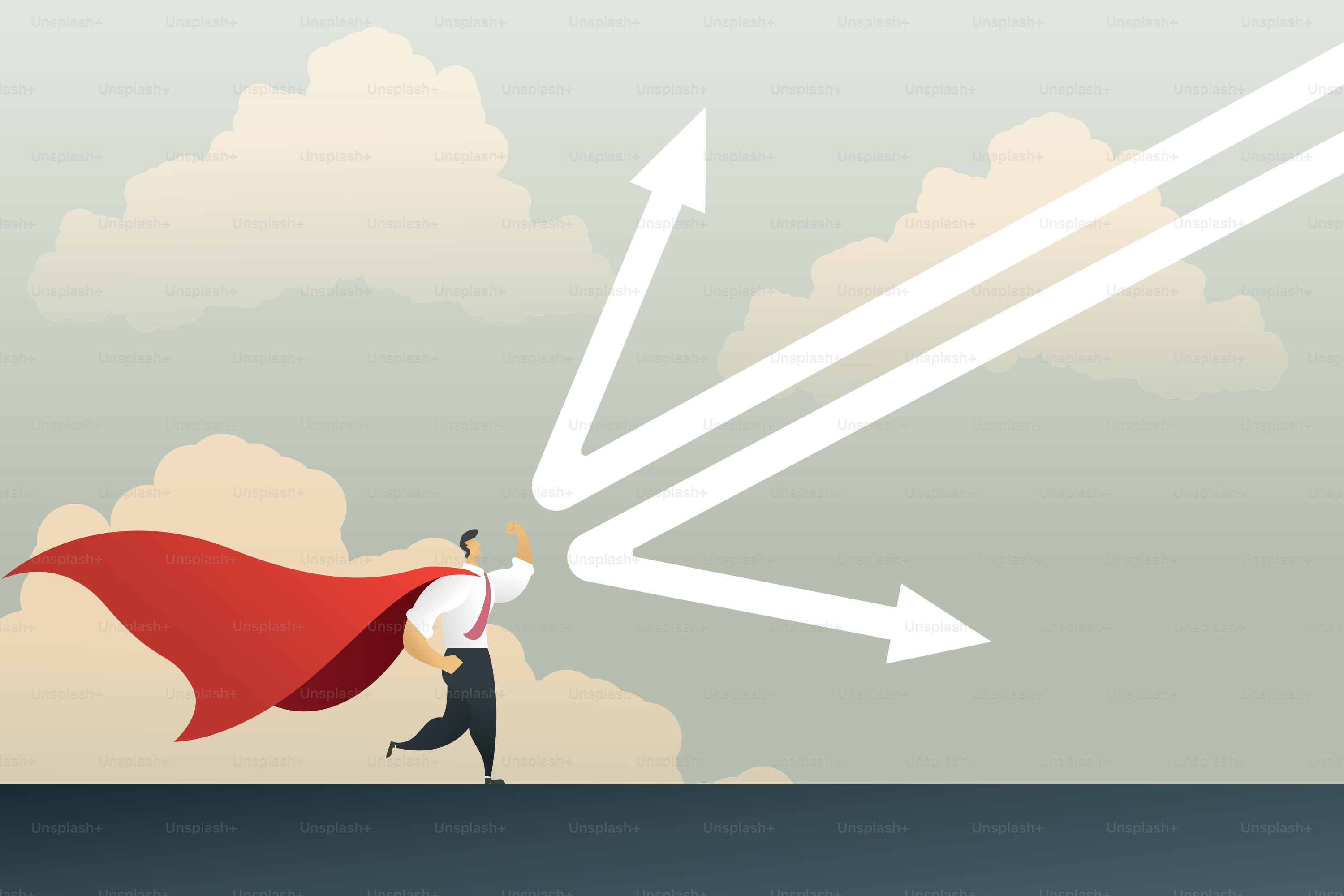 Superhelden-Geschäftsmann, der ein fallendes Pfeildiagramm widerspiegelt, um die Wirtschaftskrise eines Unternehmens zu schützen, das Führung, Macht, Geschick und Motivation zeigt. Illustration Vektor