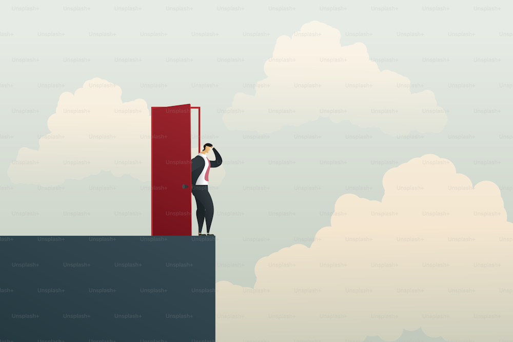 Businessman open the door on the cliff. Concept of business failure and career growth. illustration vector