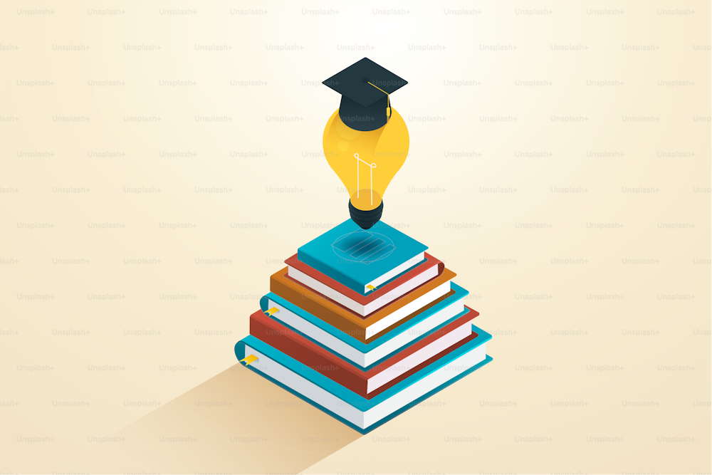 Istruzione superiore o accademici per aiutare a creare idee imprenditoriali con una lampada da indossare un cappello accademico e una pila di libri. Illustrazione vettoriale.
