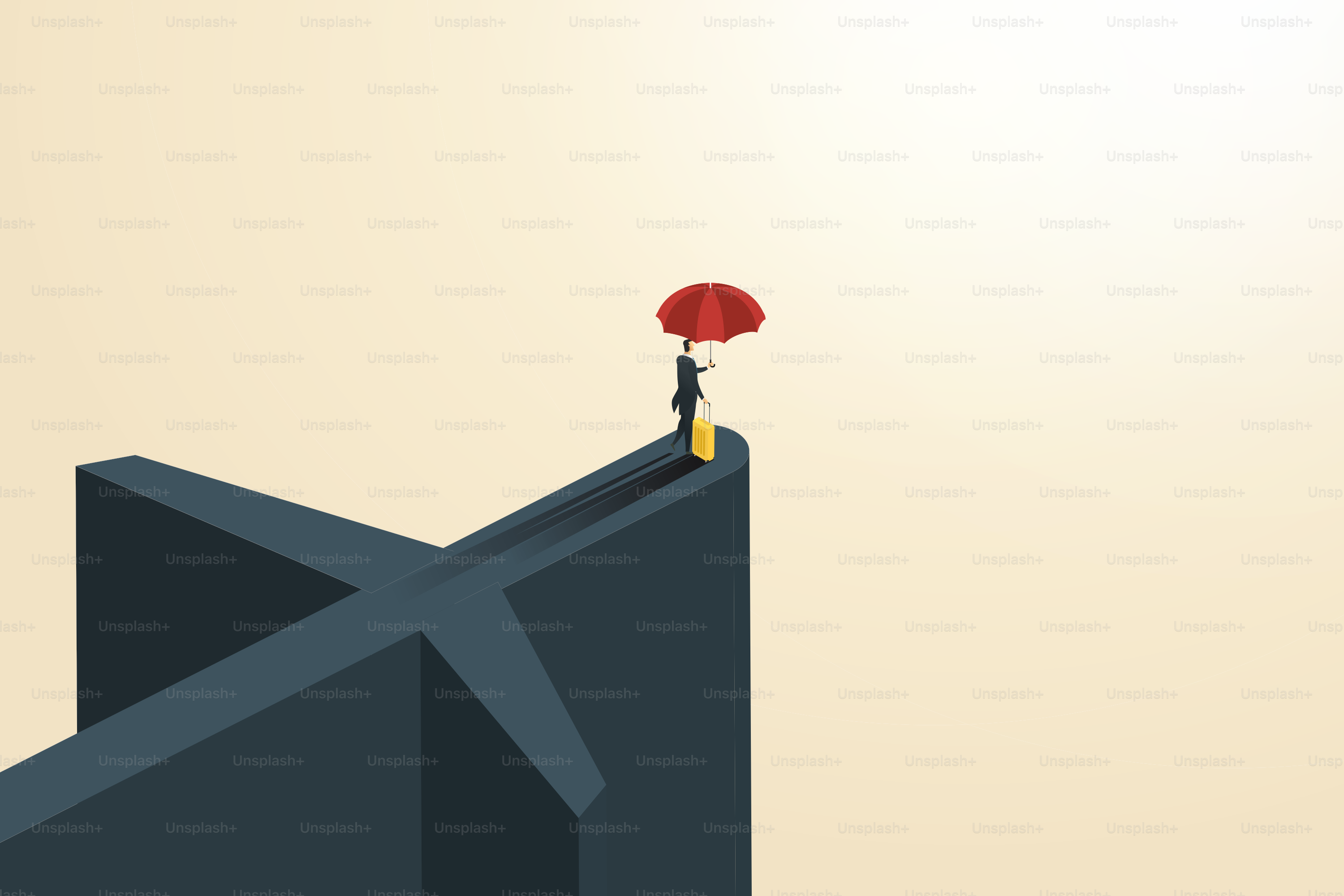 International travel insurance, businessman with travel bag Have an umbrella to hedge during travel on the plane symbol. Vector illustration.