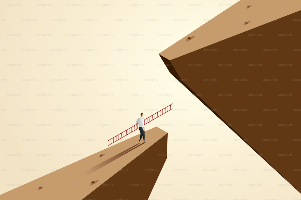 Business challenge Businessmen use ladders to climb over gaps. Go For Success With Ambition, Motivation, Opportunity, And Courage. Vector Illustration.