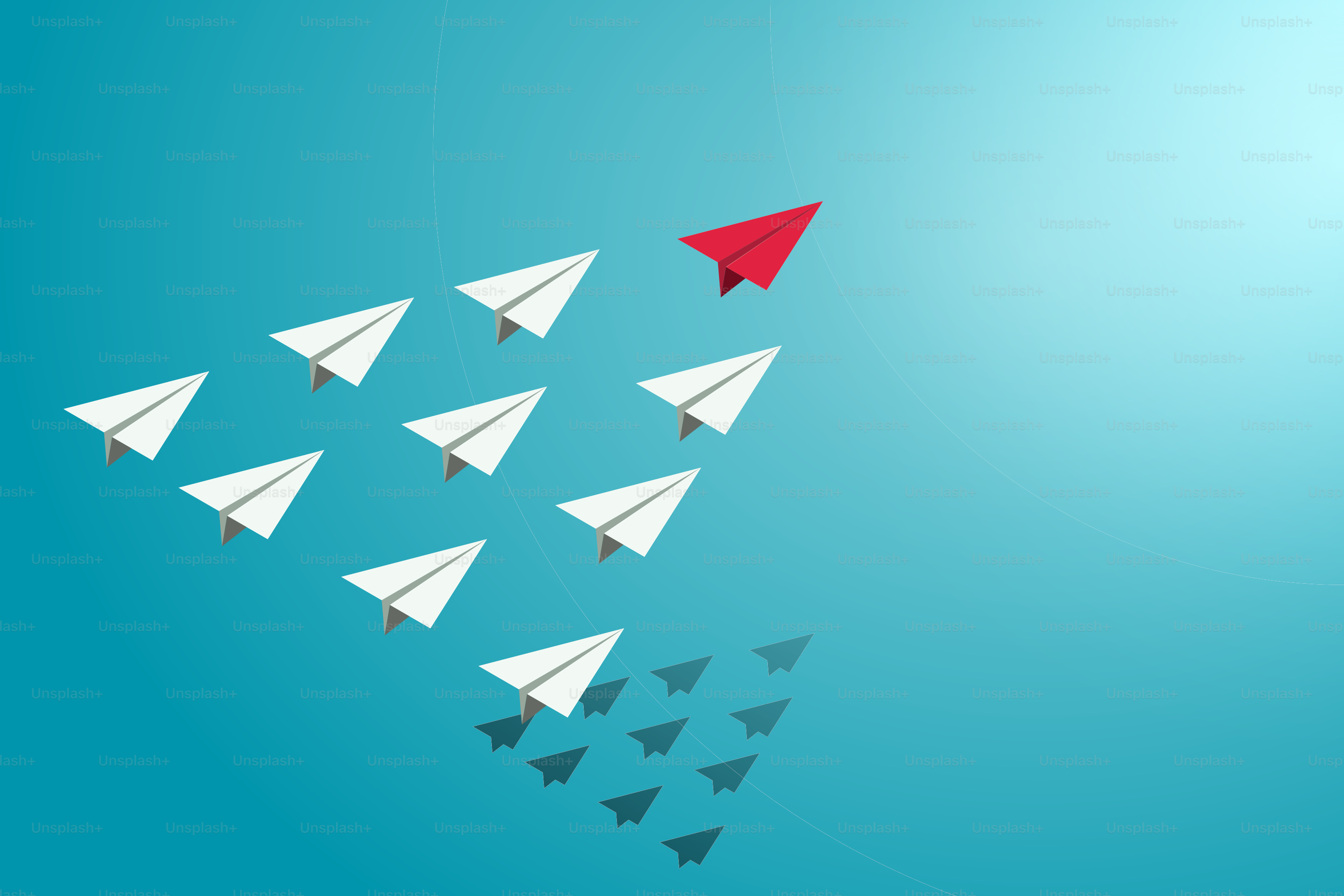 Red paper airplane leadership leads a group of white planes. Show leadership Management within teams business and organizations. Vector illustration.