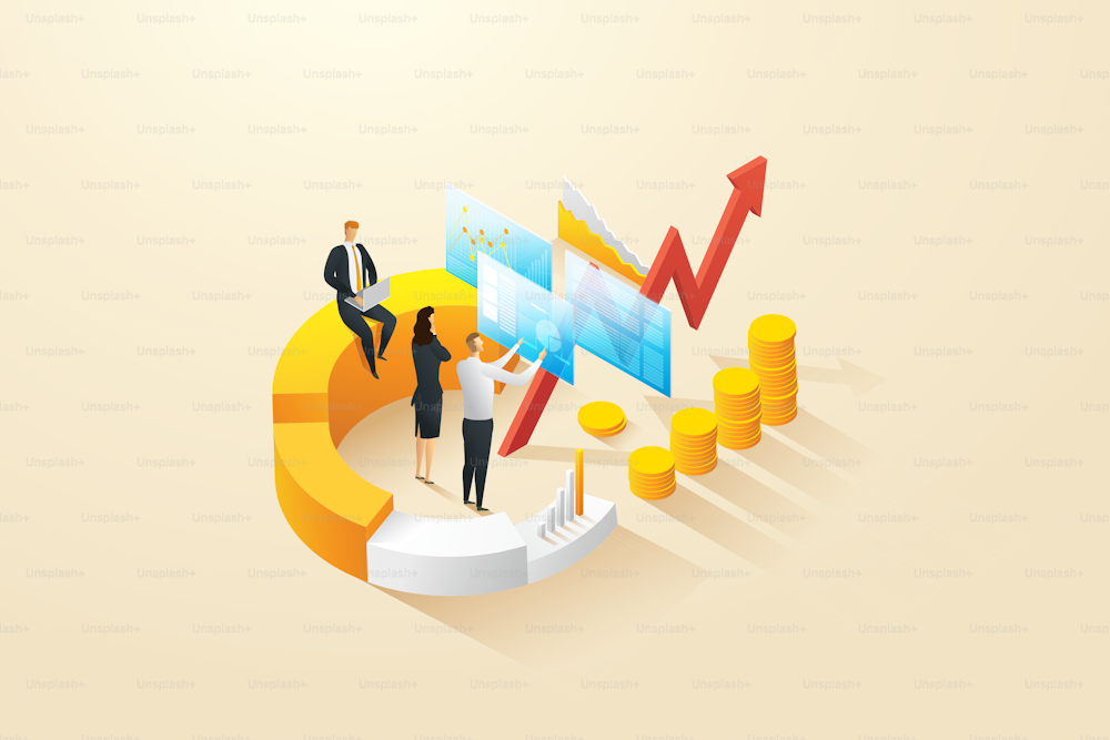 Analisi delle prestazioni di gestione finanziaria Il concetto di analisi delle prestazioni ha aumentato il profitto crescente del team di imprenditori. illustrazione vettoriale isometrica.