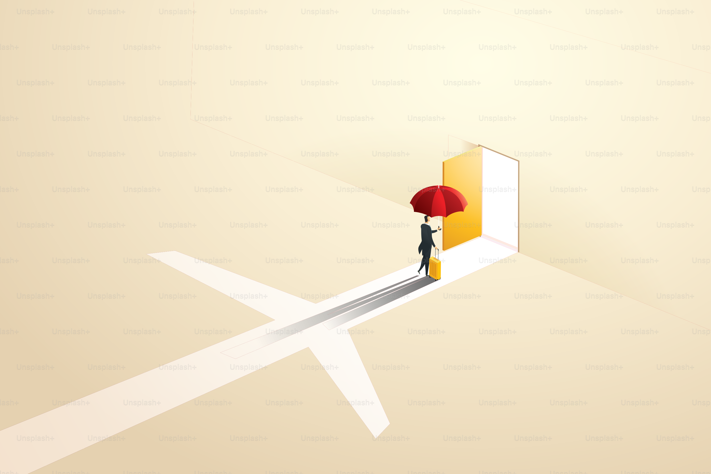 International travel insurance businessman with travel bag an umbrella to hedge during entry into the country on the doorway and plane symbols. Vector illustration.