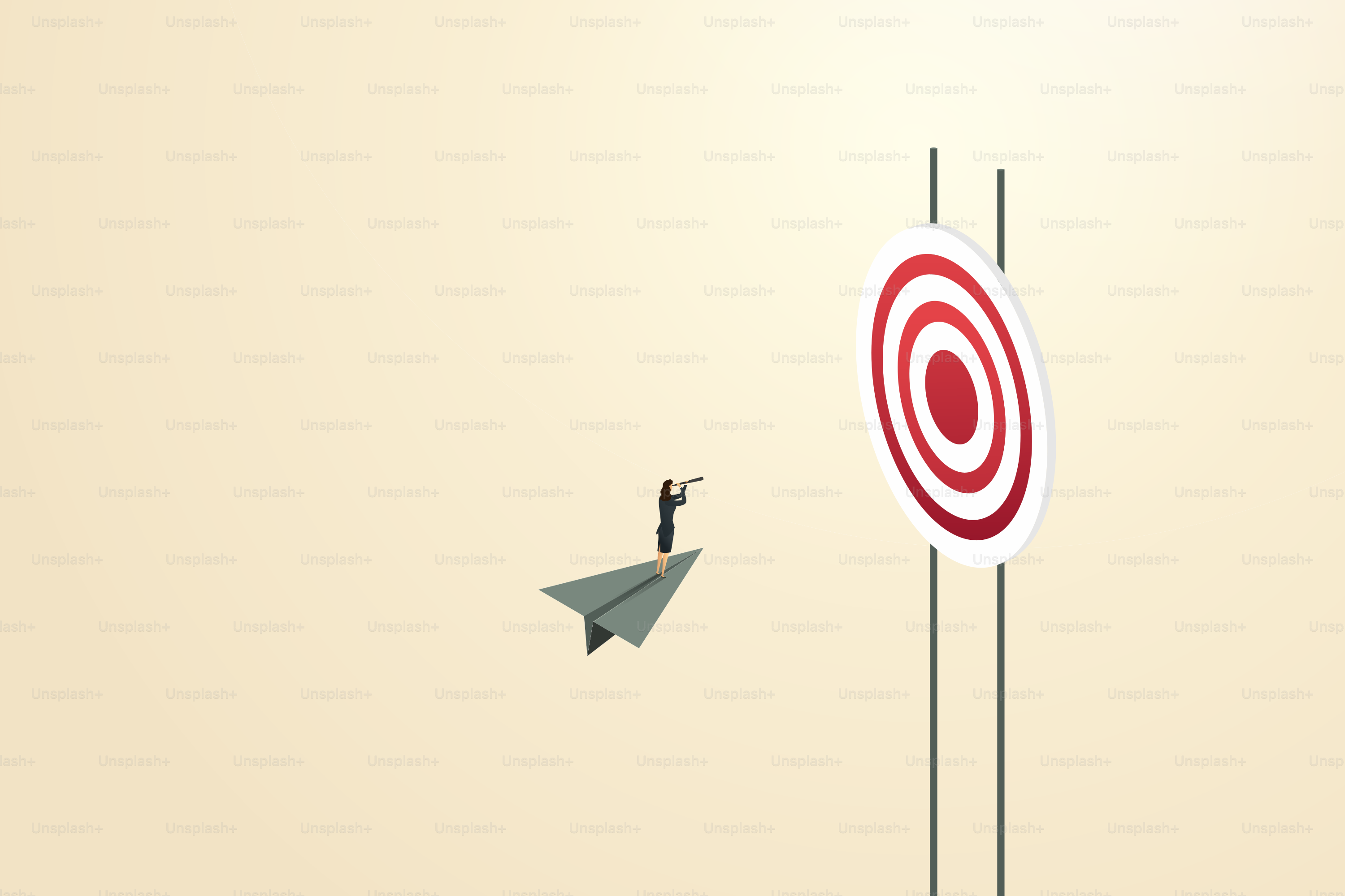 Business vision businesswoman on a paper plane with a telescope Look to goals, achievements, ambitions. vector illustration.