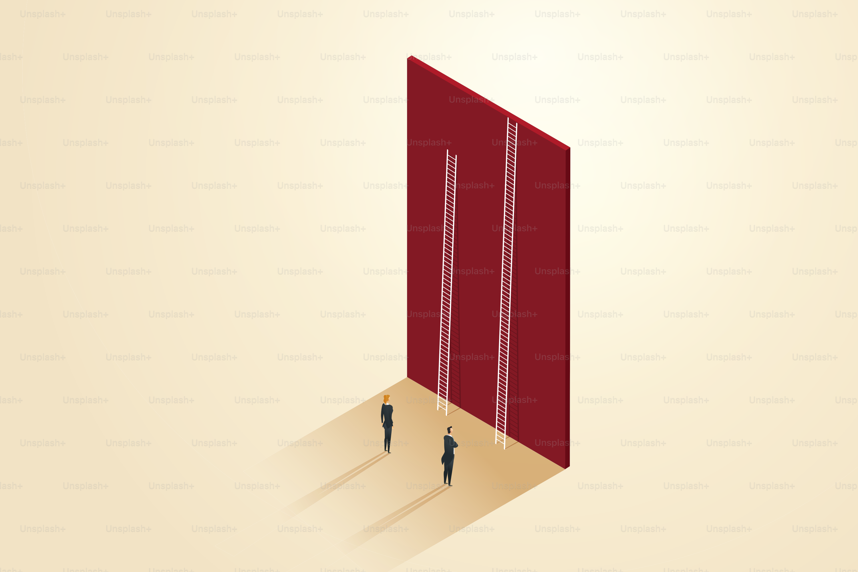 Business opportunities that are unequal between businessman and businesswomen on different ascents career opportunities and obstacles. Vector illustration.