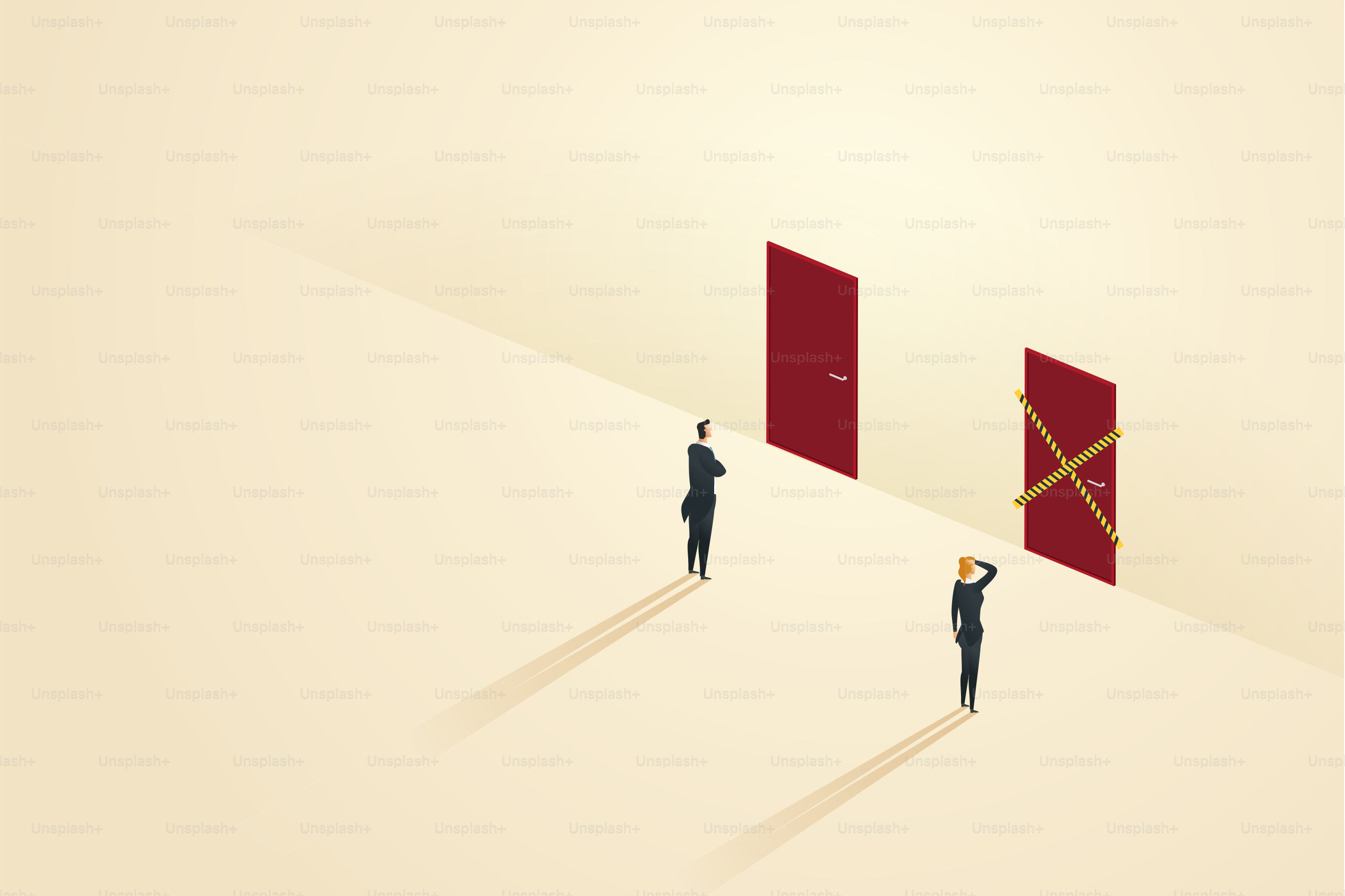 Unequal business opportunities between businessman and business women Blockade and career discrimination vector illustration.
