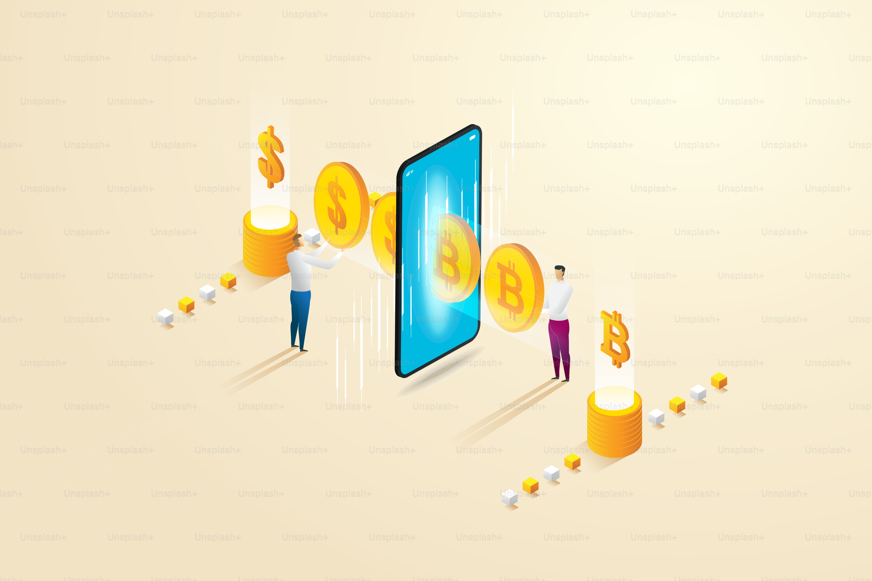 Buy and sell Online Cryptocurrency exchange on smart phone between two businessmen to Earning Digital Money. isometric vector illustration.