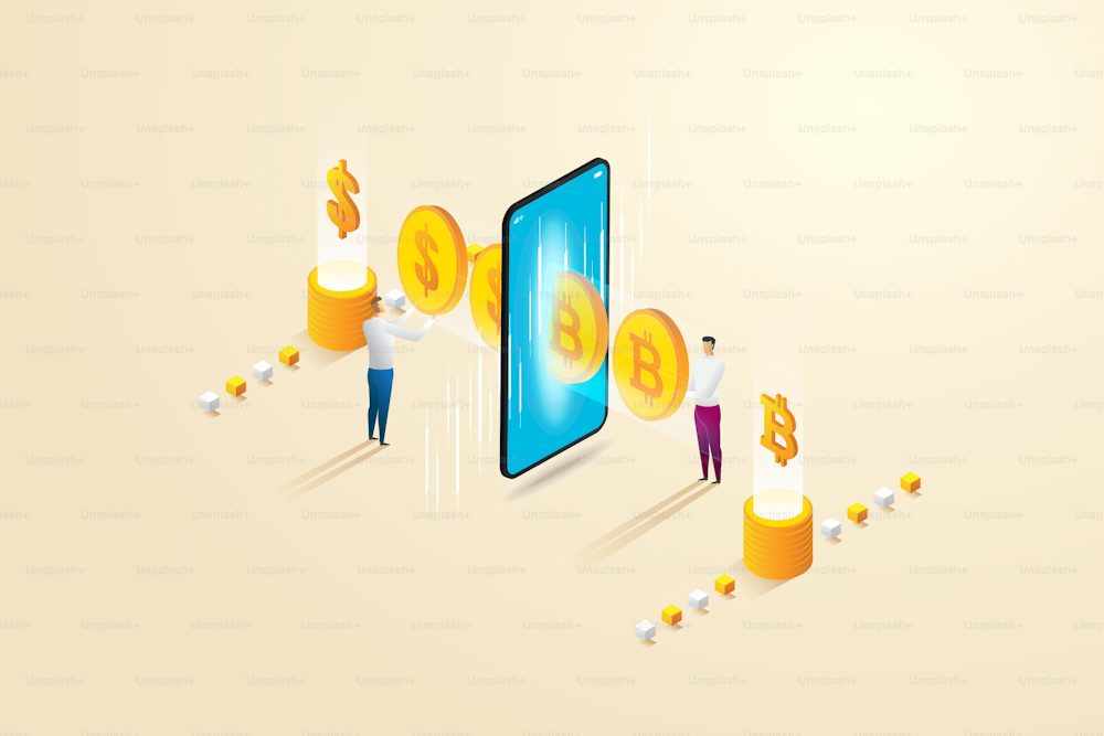 Buy and sell Online Cryptocurrency exchange on smart phone between two businessmen to Earning Digital Money. isometric vector illustration.