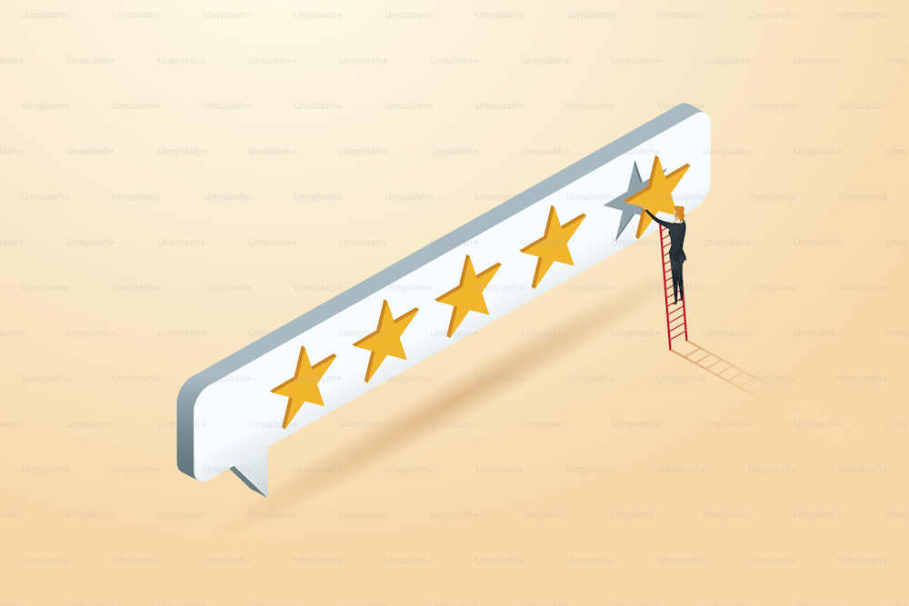 Businesswoman Giving Five Star Feedback rating, evaluation, satisfaction, giving feedback at work or doing business. isometric vector illustration.