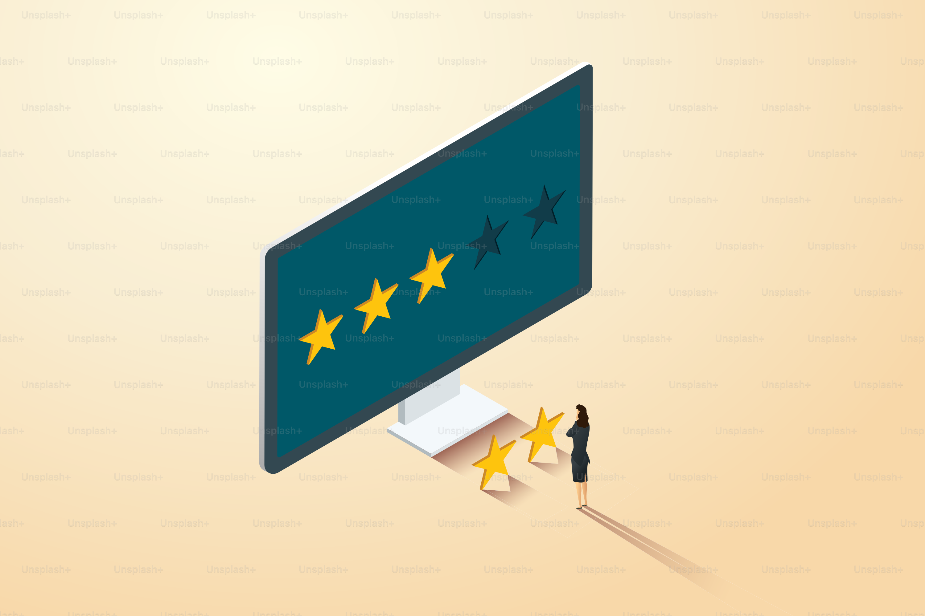 Would a businesswoman give a five-star rating, evaluation, satisfaction or no on computer screen  Giving suggestions in work or doing business. isometric vector illustration.