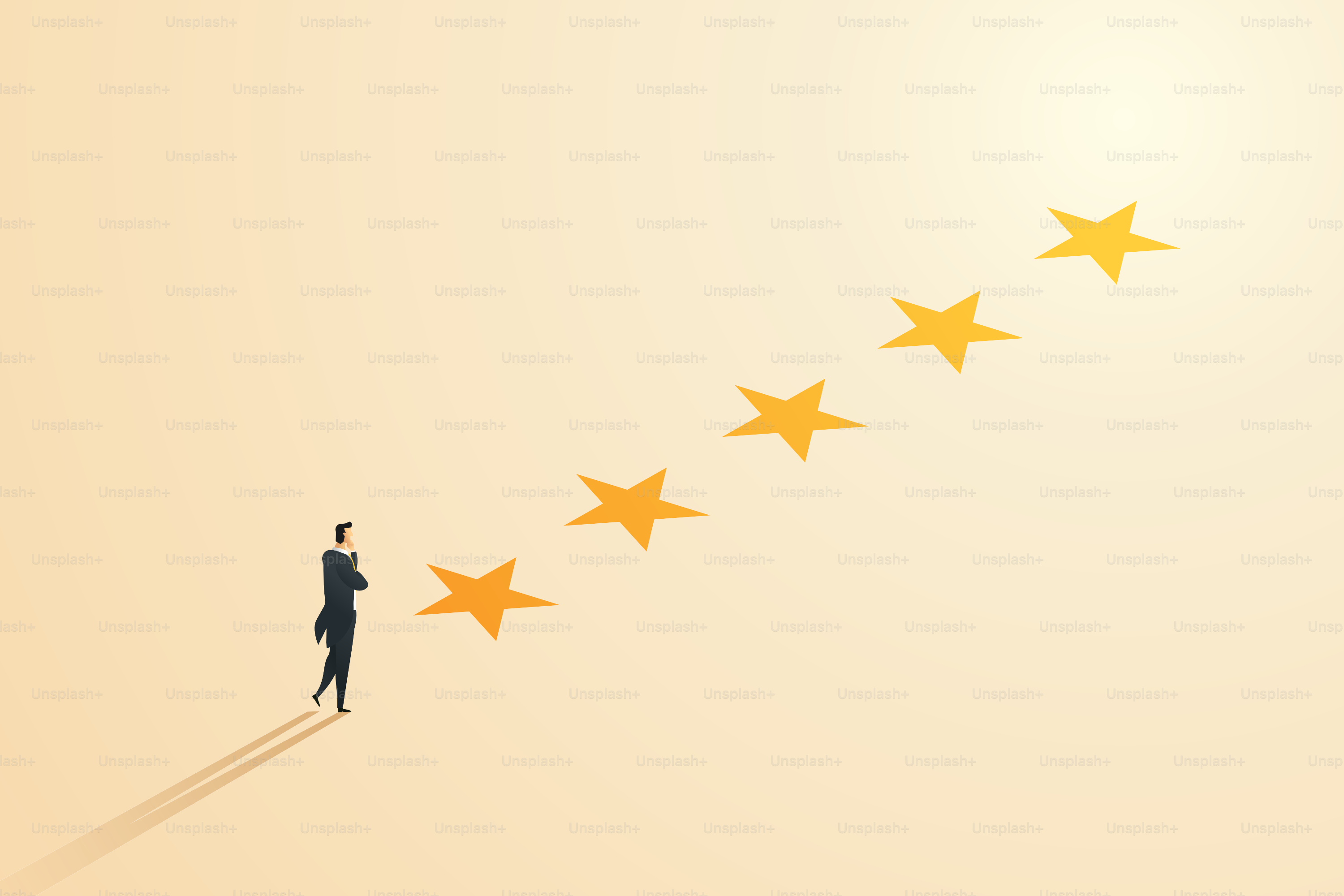 Uomo d'affari in posizione con valutazione cinque stelle. Valutazioni, soddisfazioni, suggerimenti per lavorare o fare attività di servizio. Illustrazione vettoriale isometrica.