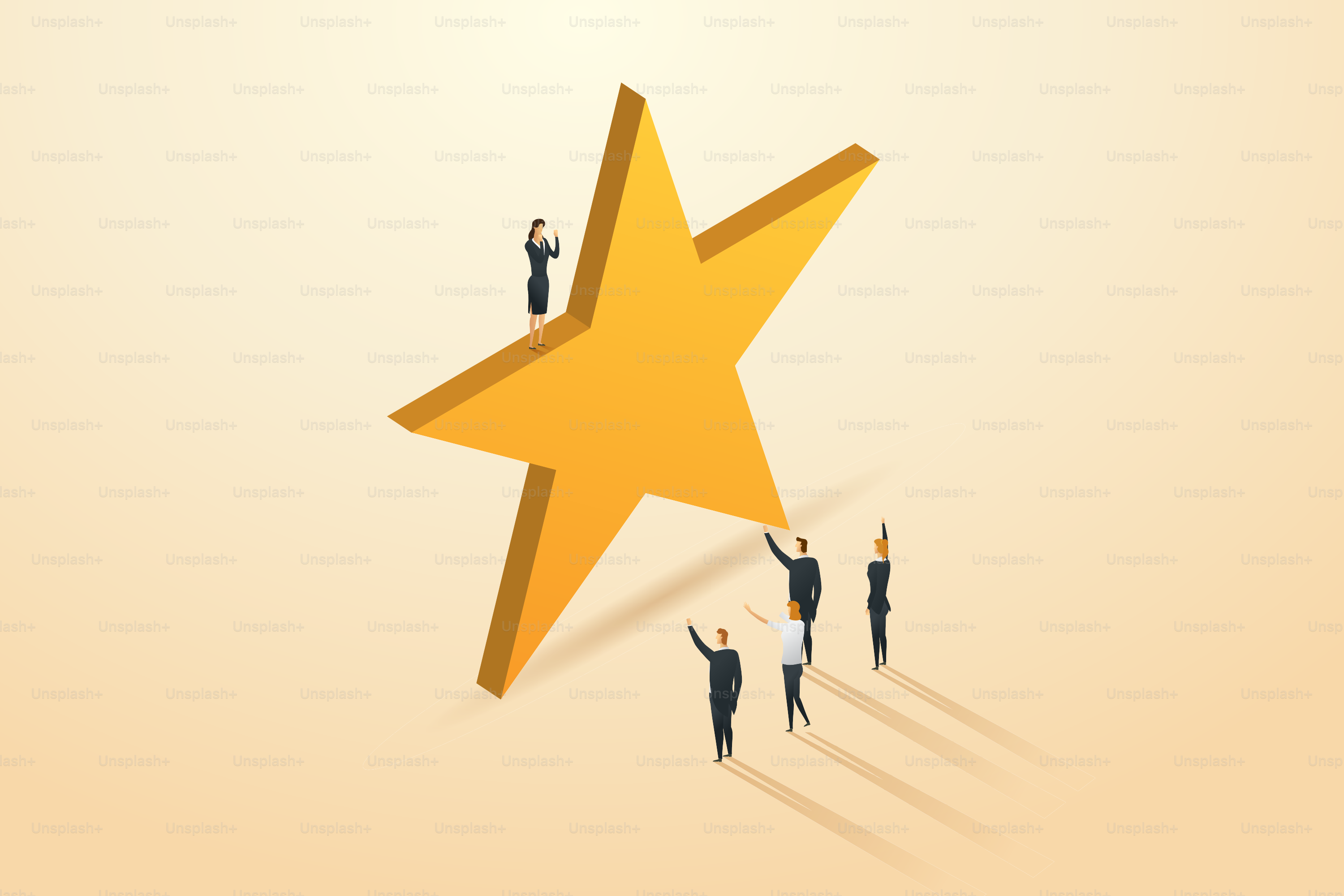 I dipendenti di successo si sono ispirati alle grandi stelle. Compagni di lavoro congratulano il concetto di successo professionale. Illustrazione vettoriale isometrica.