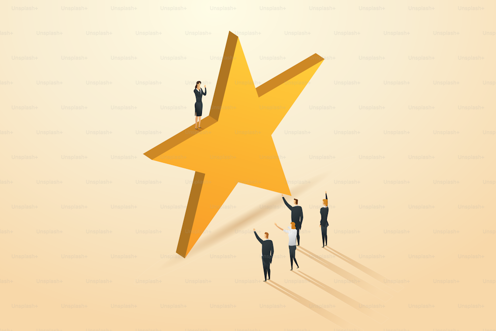 Successful employees stand on big stars. fellow employees congratulate career success concept. isometric vector illustration.