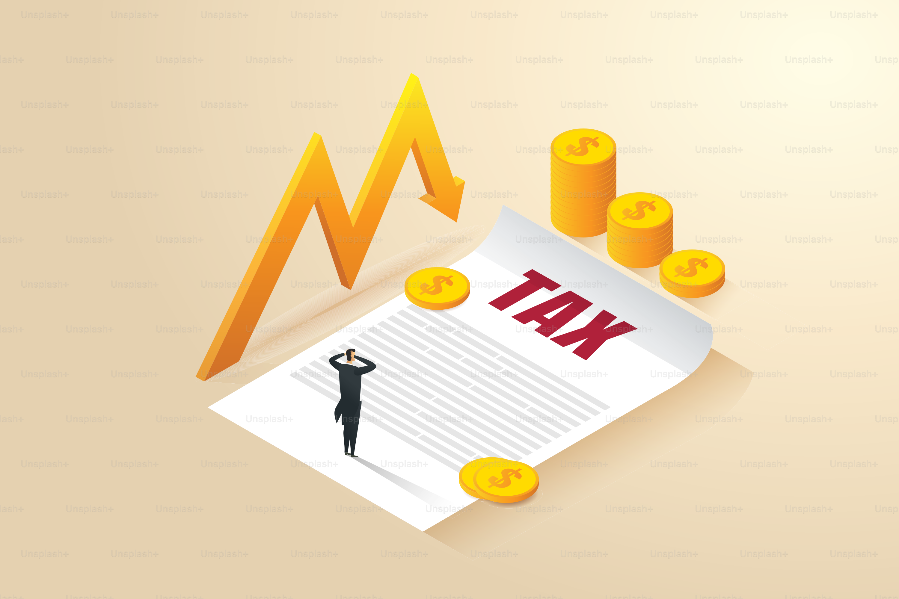 Geschäftsleute waren gestresst wegen der finanziellen Lage, Rezession und Schulden, erhöhten Steuern, Insolvenz, Verlust, Krise. isometrische Vektorillustration.