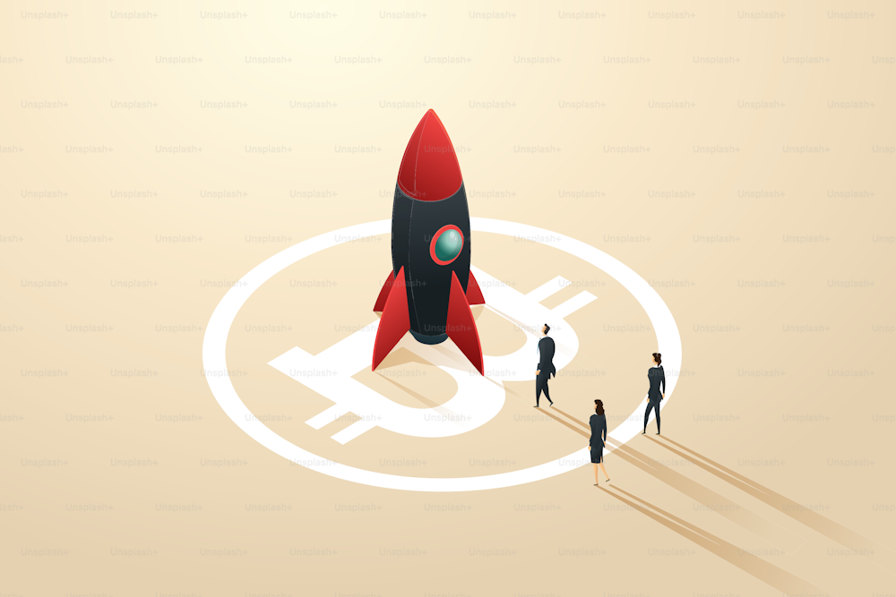 Group business person walk towards a rocket atop bitcoin symbol. Cncept Blockchain technology that is ready to be released into the growth of cryptocurrency. Isometric vector illustration.