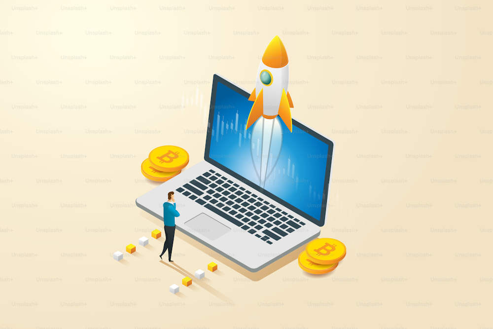 Businessman watching rockets take off from laptop. Concept high growth with rising price of digital currency, bitcoin and cryptocurrency technology future currency. Isometric vector illustration.