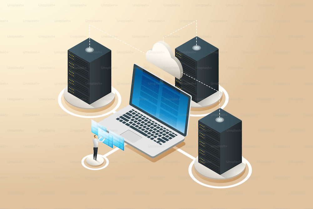 Hardware developer Collect data to save digital data. database concept data analytics, dashboards, and Internet data center Connections. isometric vectror illustration.