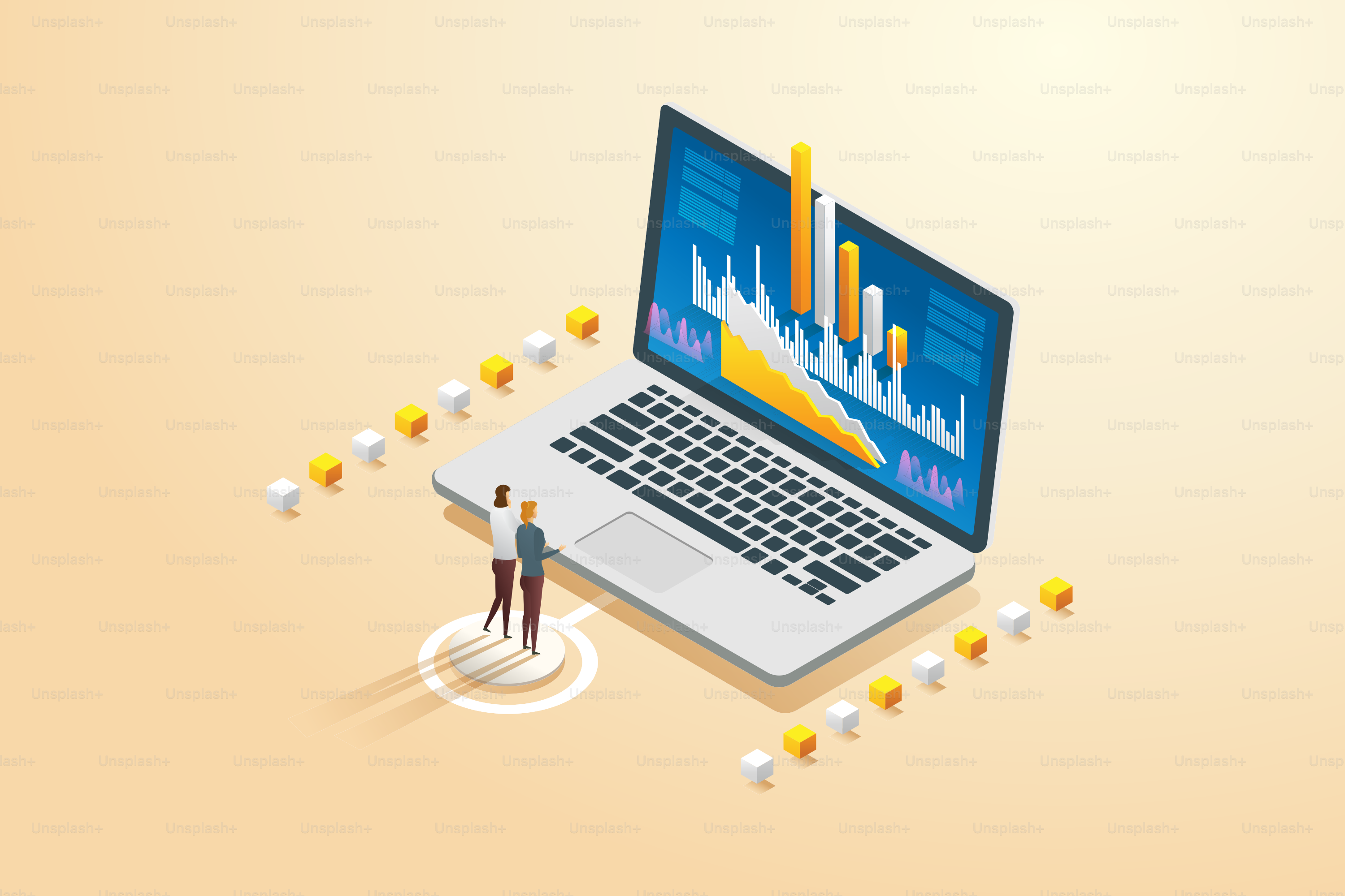Businesswomen two using computer to analyze data the statistical analysis and diagram. Data analysis concept infographic. isometric vectror illustration.