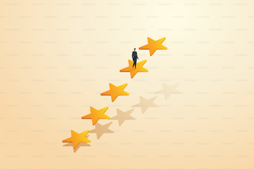 Businessman steps towards success or outstanding employee positions. Reward and Motivation Ideas Businessmen go up the star ladder step by step to reach the five-star level. isometric vector illustration.