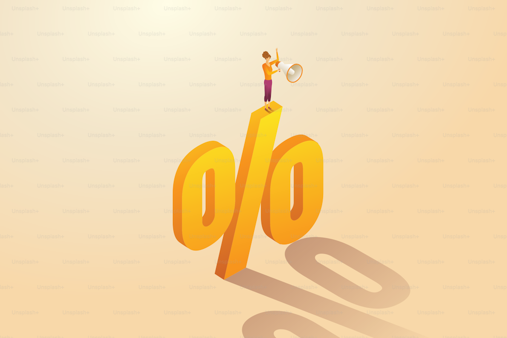 Female salesperson marketing on a large big percentage symbol. Ready to offer customers a percentage discount shopping. concept of income and profit from investment. isometric vector illustration.