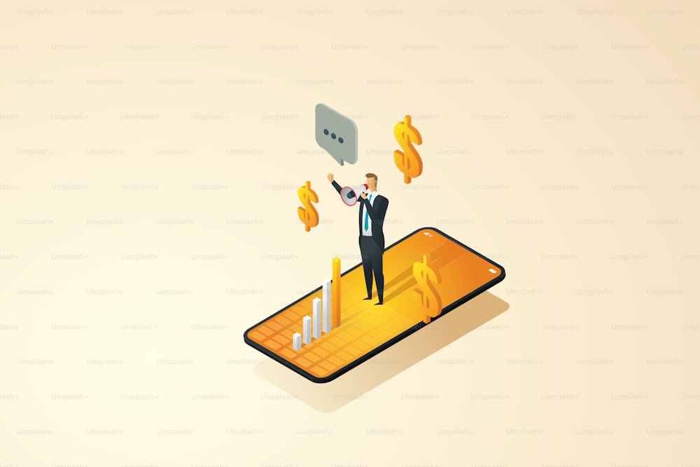 Businessman standing on smartphone with megaphone. Business profit ideas online business advertising and marketing. isometric illustration vector.