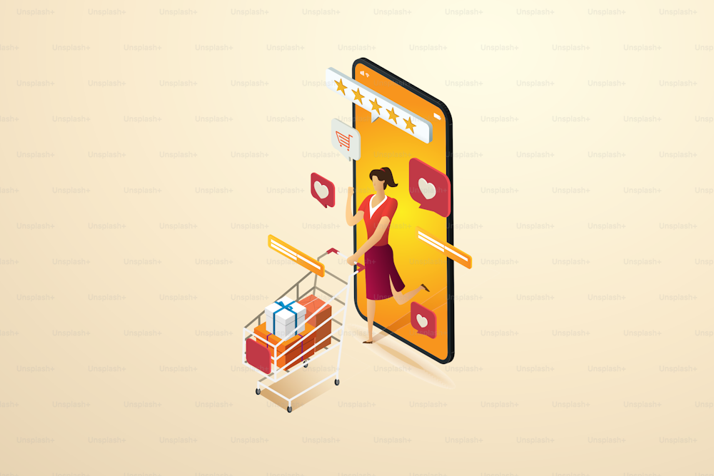 Woman with gift discount on online shopping cart happily comes out of online store on smartphone. online consumption concept. Isometric illustration vector.