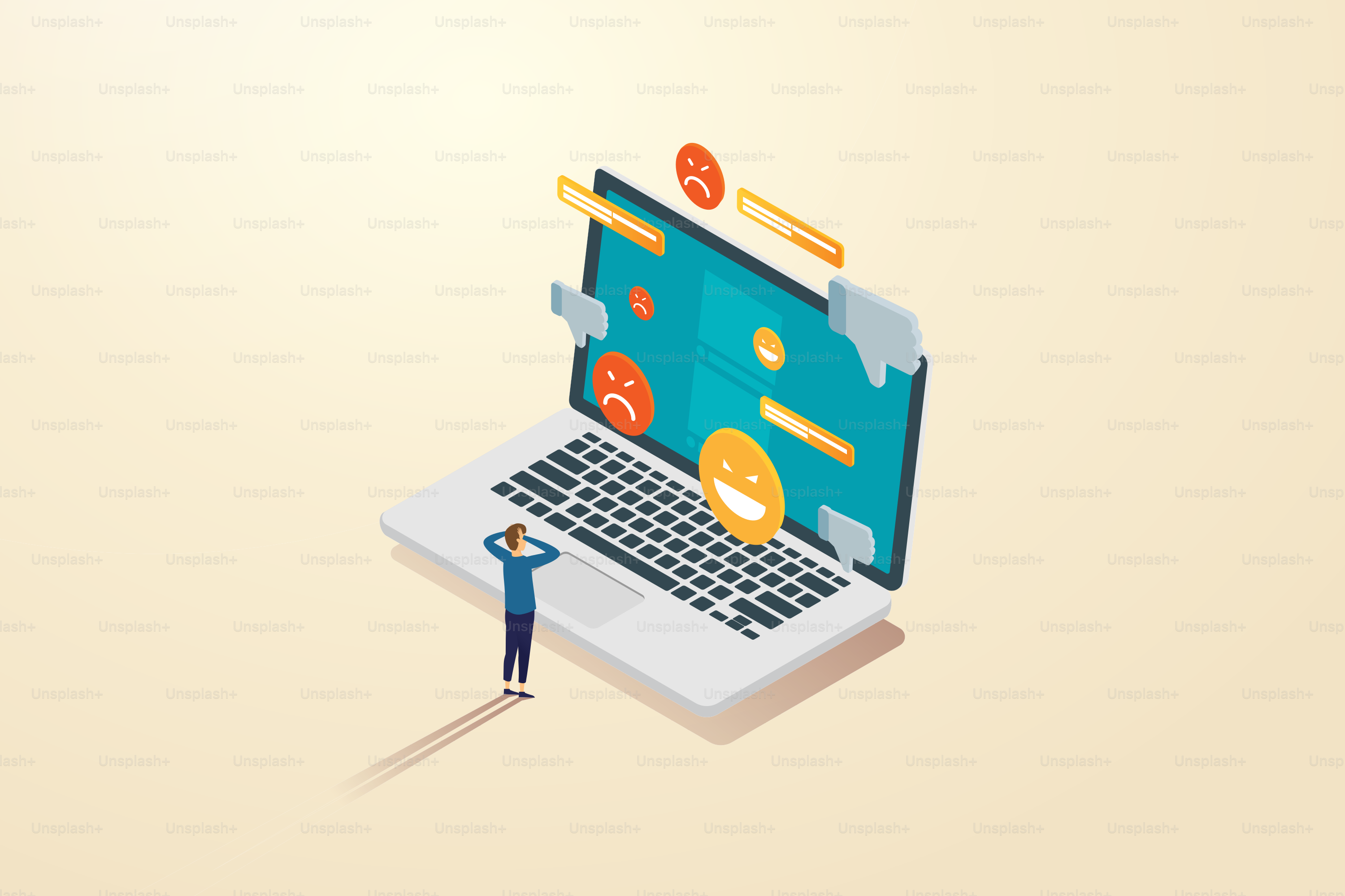 Teenager boy in depression Mental stress from messages on social networks The concept of online bullying in Laptop. isometric vector illustration."n