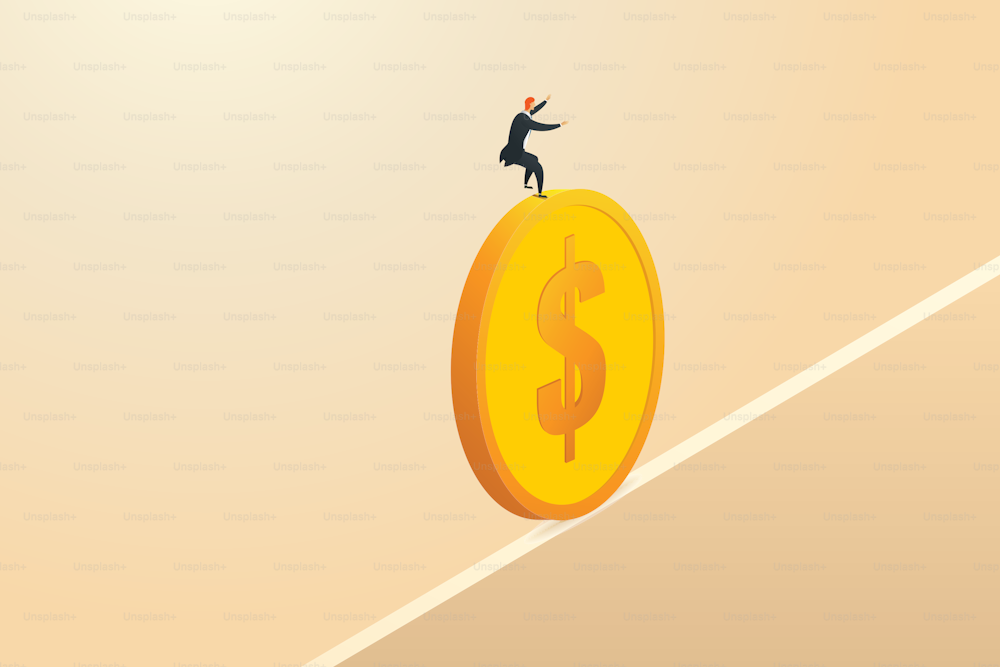 Businessman stands balancing on coins on a narrow path. Concept of financial risk business. isometric vector illustration.