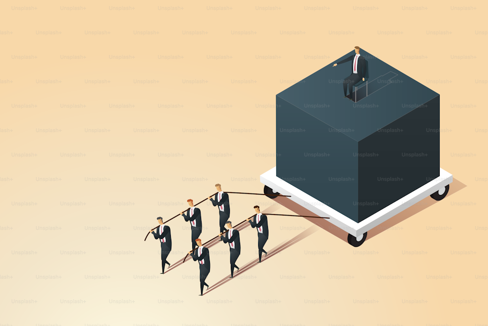 Boss sits and orders a group of subordinates employee to drag the heavy workload forward. isometric vector illustration.