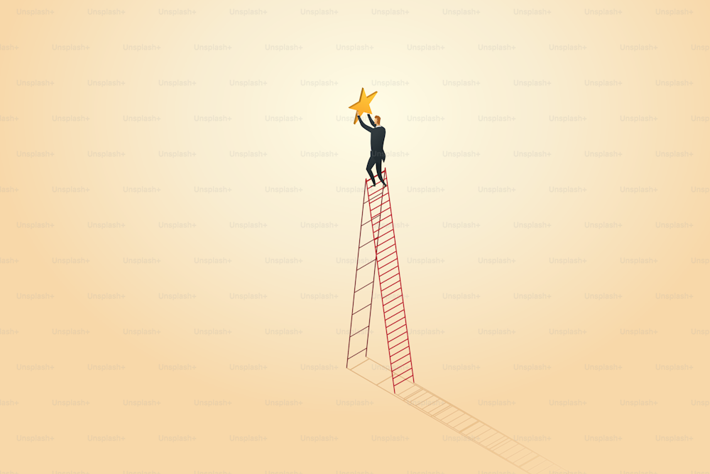 Businessman standing on the stairs and reaching for the stars. Concept of achieving goals ambition business opportunity. isometric vector illustration.
