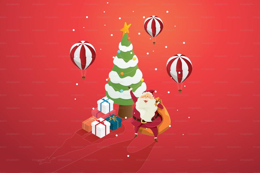 Weihnachtsmann Großvater mit einem Stapel Geschenke auf einem Weihnachtsbaum und ballonrotem Hintergrund. Isometrische Vektorillustrationen.