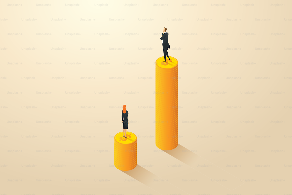 Income differences between male and female employees gender gap and salary inequality discrimination, differences. Businessmen and business women on unequal piles of coins. isometric vector illustration.