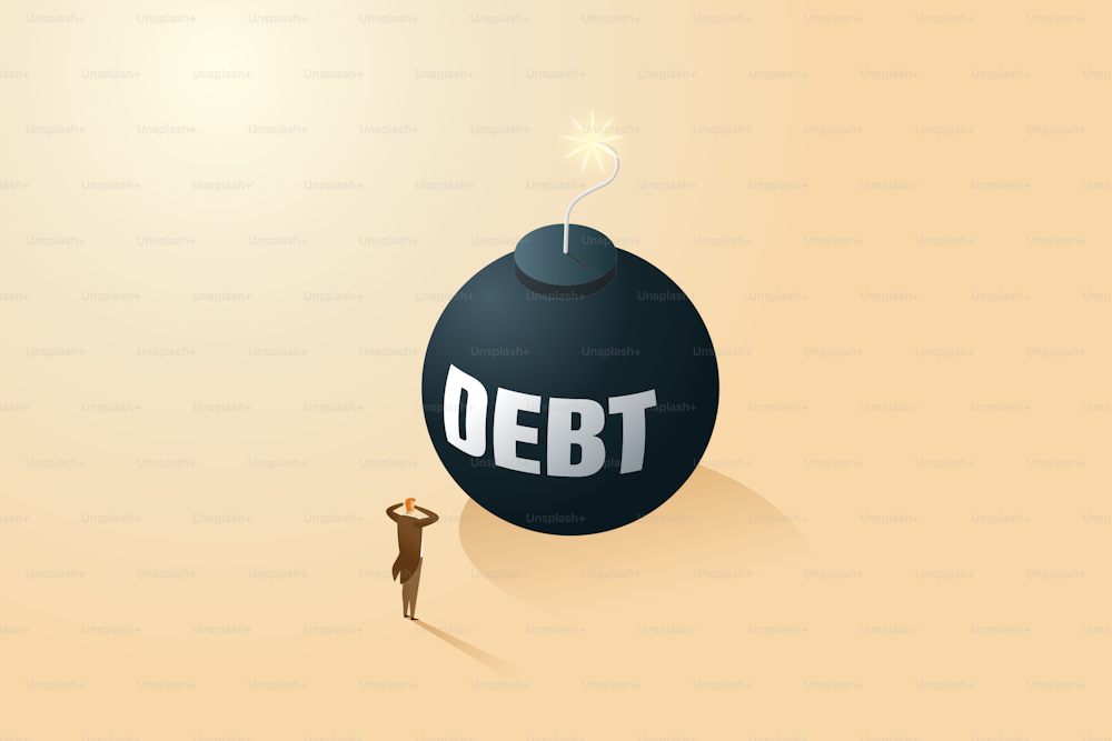 Businessman stressed over huge debts that are about to explode. Concept of economic crisis and financial recession, bankruptcy, debt. isometric vector illustration.
