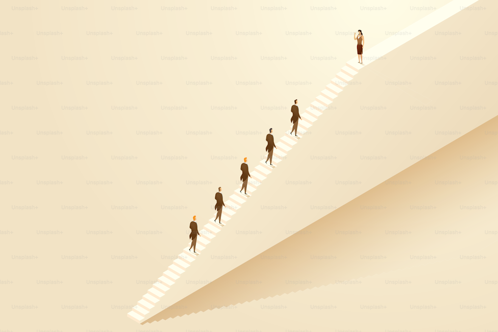Businesswoman leaders leading a team of businessman. Concept of liberation, success, ambitions, women's leadership. isometric vector illustration.