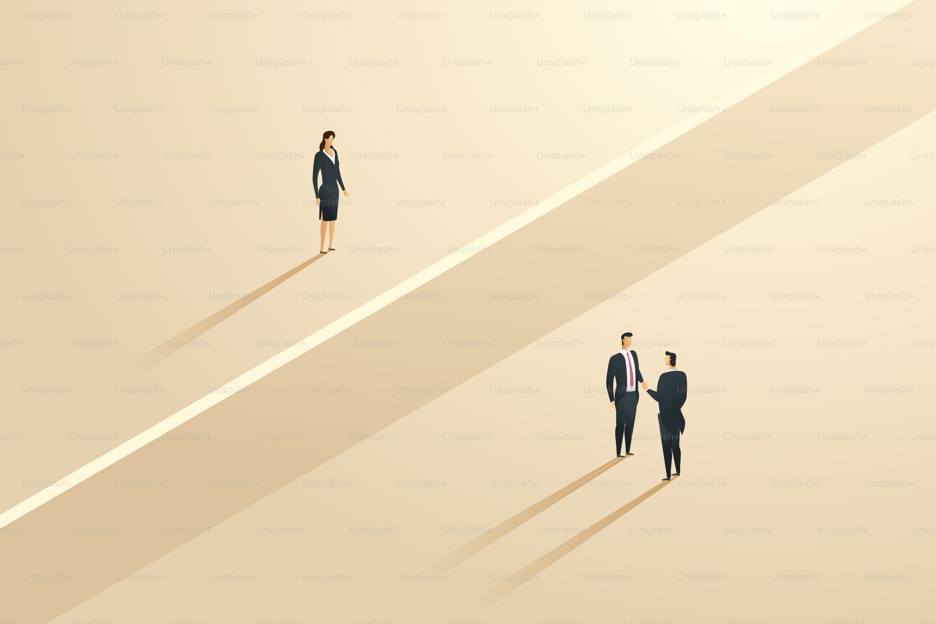 Les inégalités d’opportunités et d’entreprises étant exclues. Écart entre les sexes dans les entreprises. La femme d’affaires est bloquée par un mur entre hommes d’affaires. Illustration vectorielle isométrique.