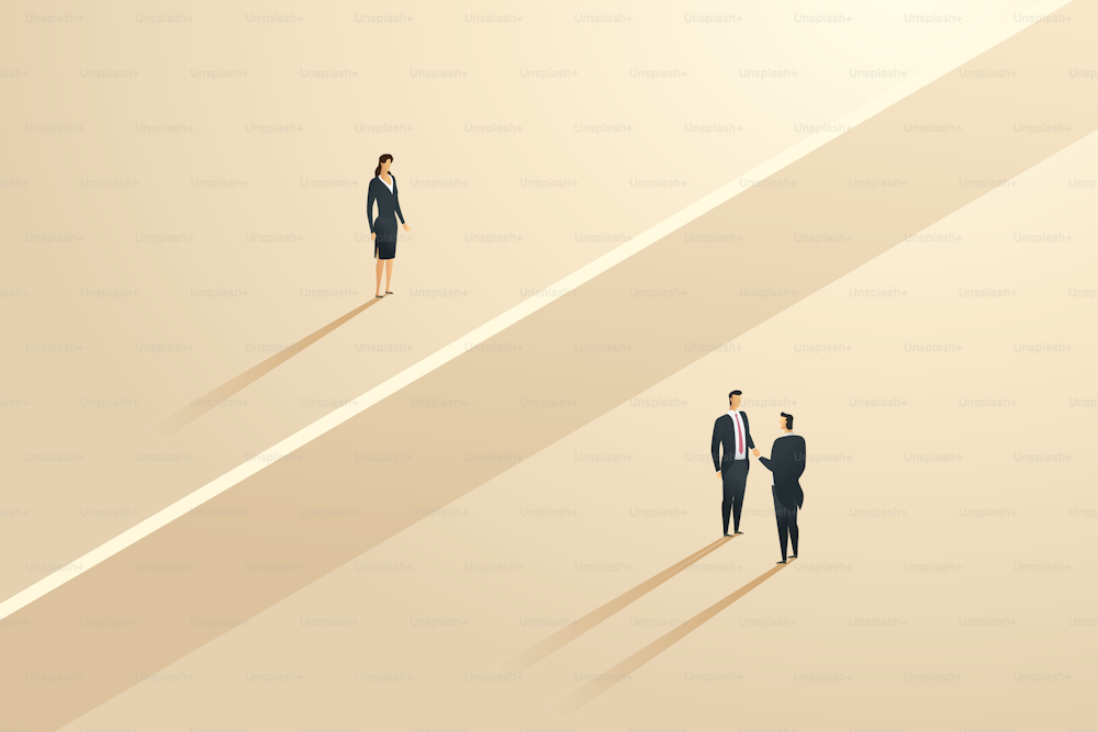Opportunity and business inequality being excluded. Business gender gap. Businesswoman is blocked by a wall between businessman. isometric vector illustration.