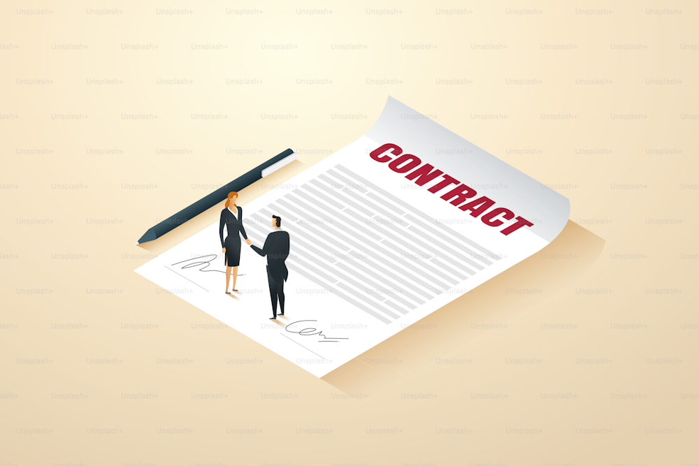 Businessman and businesswomen handshake sign a business contract or investment partner or a job offer agreement, pens and contract documents. Isometric Illustration vector.