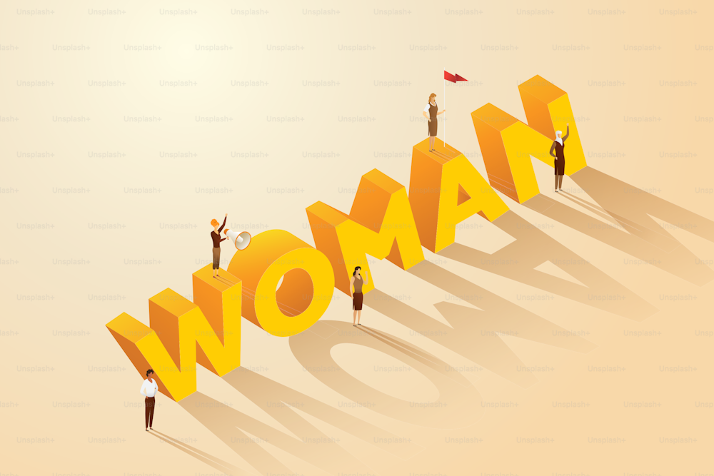 Grupo de mujeres de pie en una letra grande la palabra mujer Mostrar el poder de las mujeres, fuerte, igualdad. La diversidad de nacionalidades en el trabajo y los negocios. Ilustración vectorial isométrica.