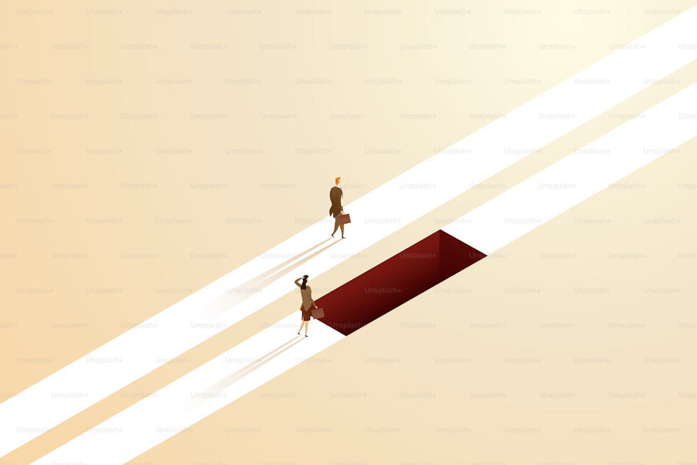 Unequal business discrimination between businessman and business woman on different career paths and obstacles. isometric vector illustration.