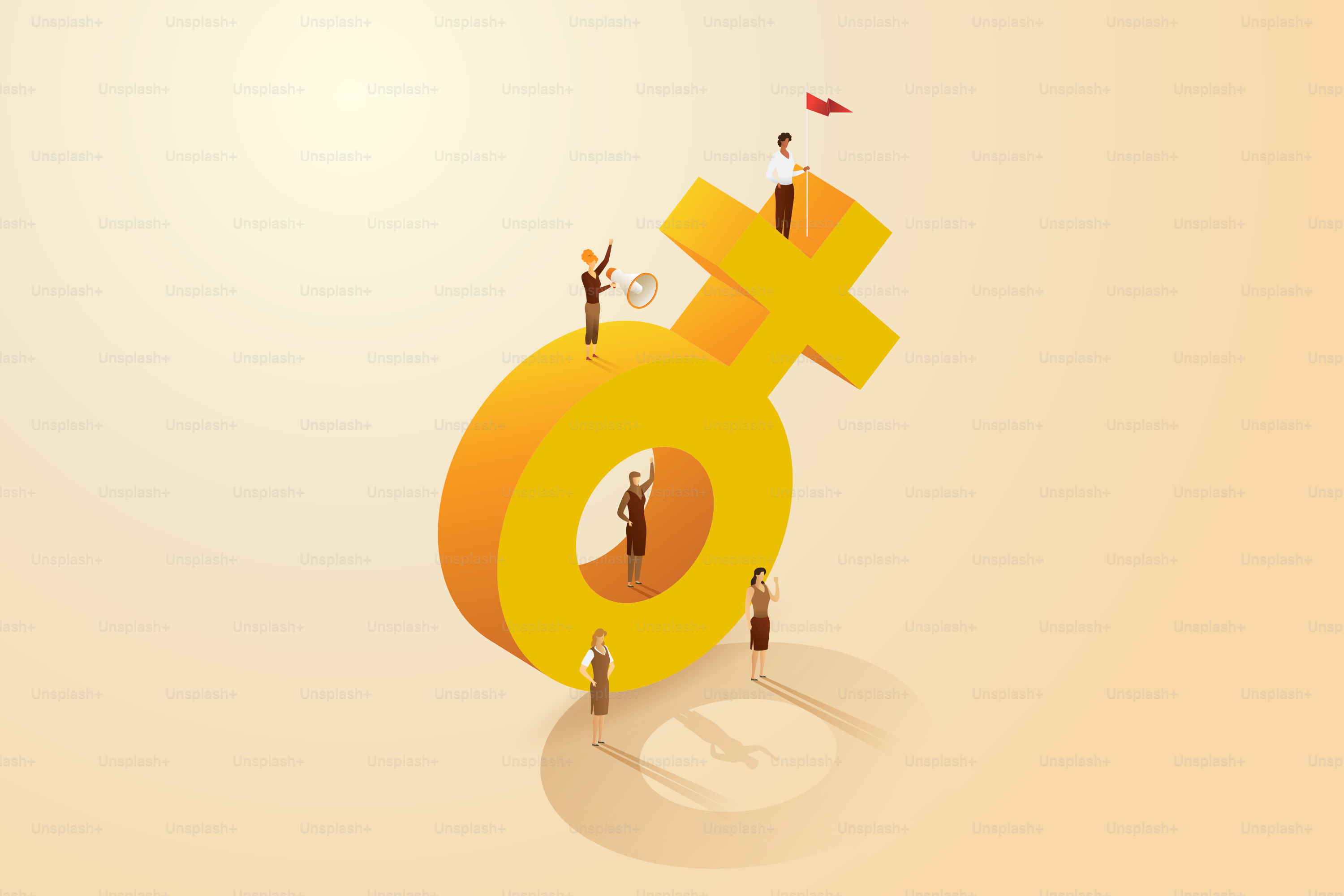 Group of women standing on a large female gender symbol. Show the power of women, strong, equality. The diversity of nationalities in work and business. isometric vector illustration.