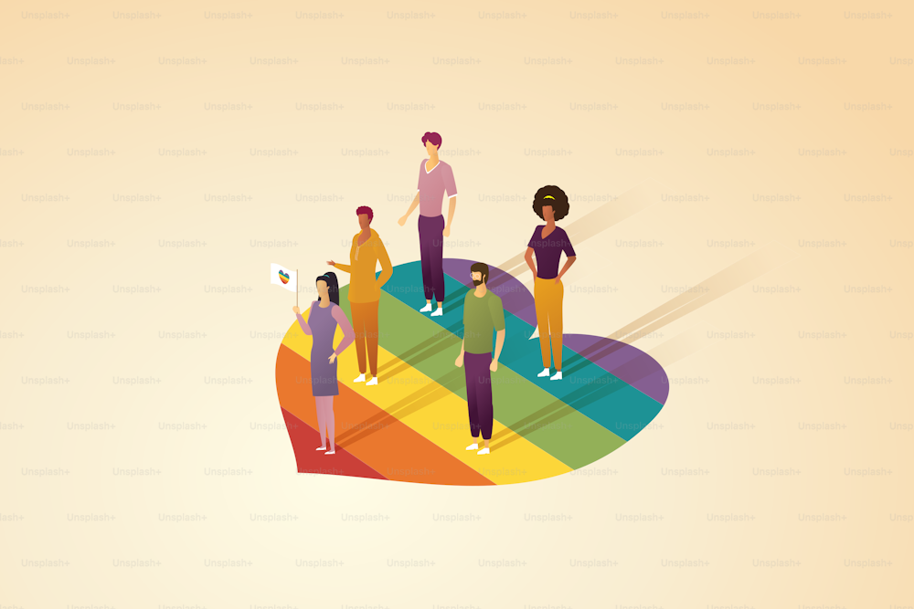 Un grupo de personas con banderas del corazón del arco iris se para en el gran corazón del arco iris, los desfiles LGBT, el orgullo, las parejas, los hombres y las mujeres, los derechos humanos y la discriminación. Ilustración vectorial isométrica.
